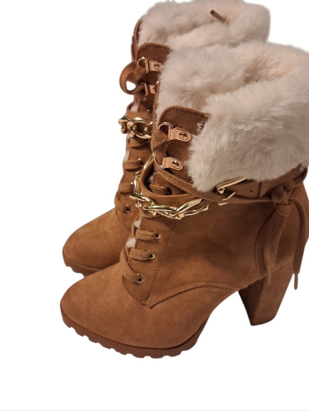 Faux Fur Trim Tan Suede Lace-Up High Heel Booties